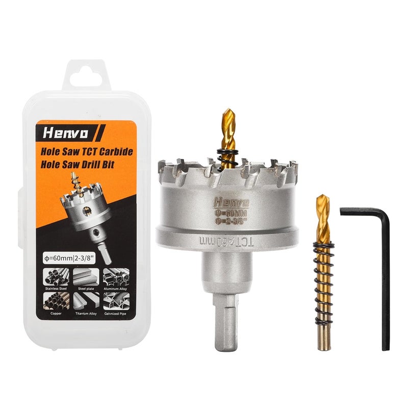 Henvo Hole Saw 2-3/8" (60mm) Heavy Duty Carbide with 2 Pilot Drill Bits - Metal Hole Cutter Cuts Stainless Steel, Iron, Copper, Brass, Plastic - Image 1